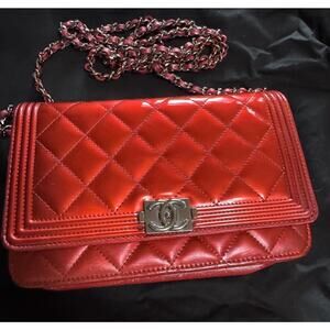 Authentic Chanel Boy Wallet On Chain WOC Metallic Red Leather W COA READ